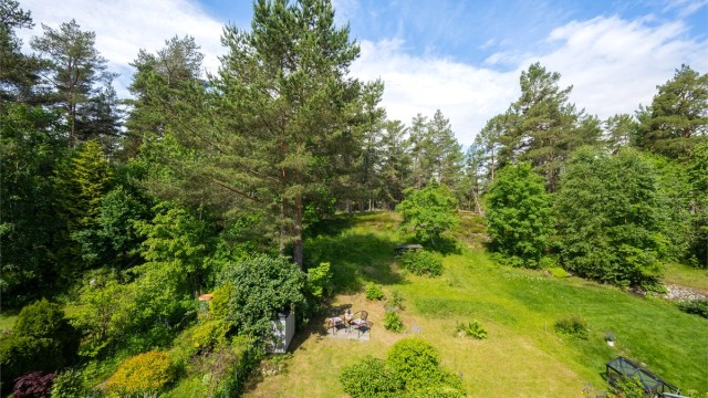 Herfra er det utsyn over hagen og videre mot Bølerskogen, uten boligbebyggelse rett på baksiden.