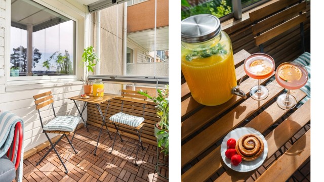 Balkongen er innglasset og føles ut som en naturlig forlengelse av stuen, spesielt på sommerstid.