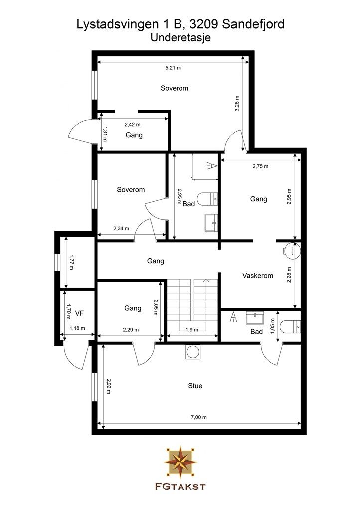 Plantegning underetasje - Deler av denne etasjen er ikke søkt godkjent, se pkt. vedr. ferdigattest for nærmere opplysninger - Stuer er idag kombinert med soverom  
