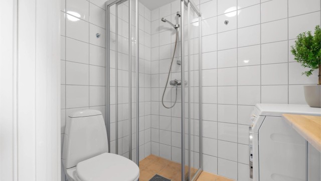 Dusjnisje med glassdører og gulvstående toalett.
