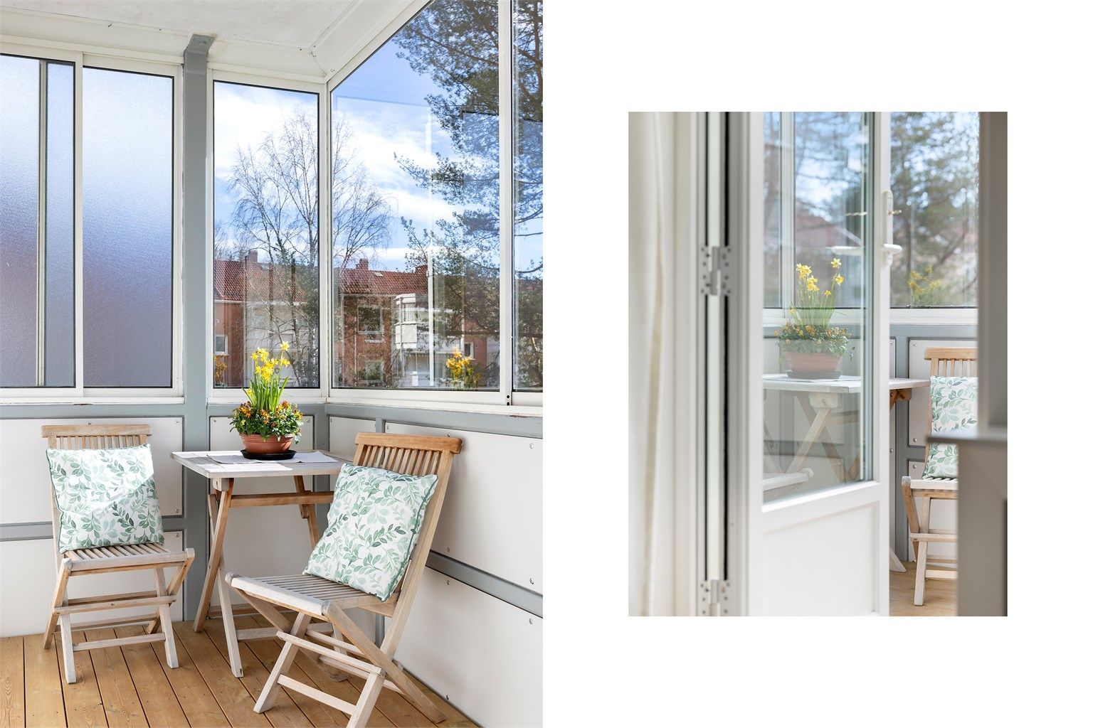Balkongen har nye terrassebord i impregnert materiale, med rustfrie skruer, (ny i 2021). Her er det god plass til sittegruppe.