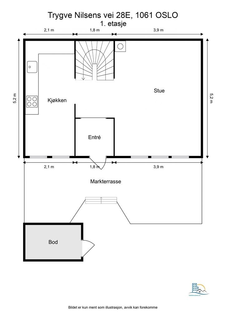 Første etasje er en sosial sone med stue og kjøkken, samt utgang til en vestvendt markterrasse.