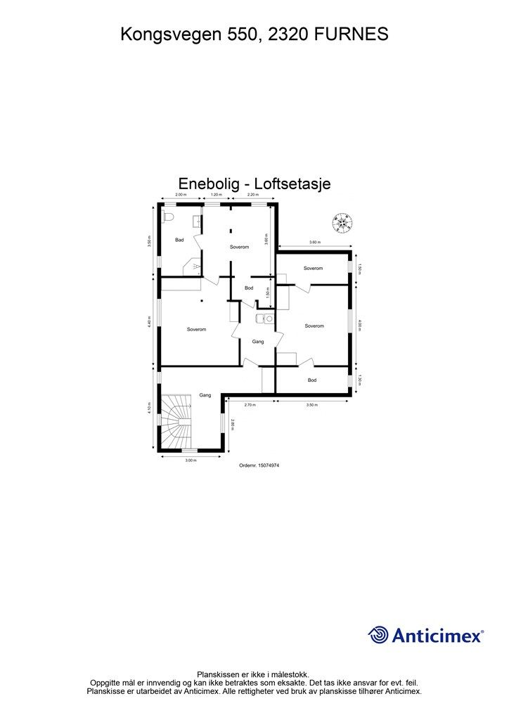 Plantegning 2.etasje - det minste "soverommet" er byggemeldt som bod, og er således ikke godkjent til varig opphold. 