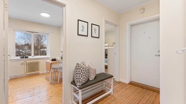 Entréen gir et godt førsteinntrykk og har adkomst til de fleste av leilighetens rom.