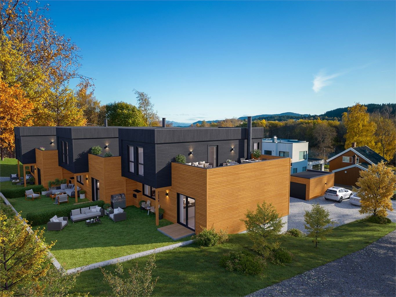 Boligene har utgang fra loftstue til en herlig takterrasse med gode solforhold og fin utsikt. 