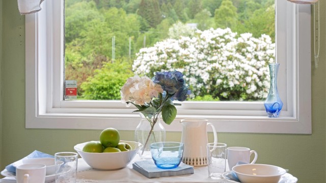 Fra kjøkkenvinduet er det utsikt over den grønne hagen.