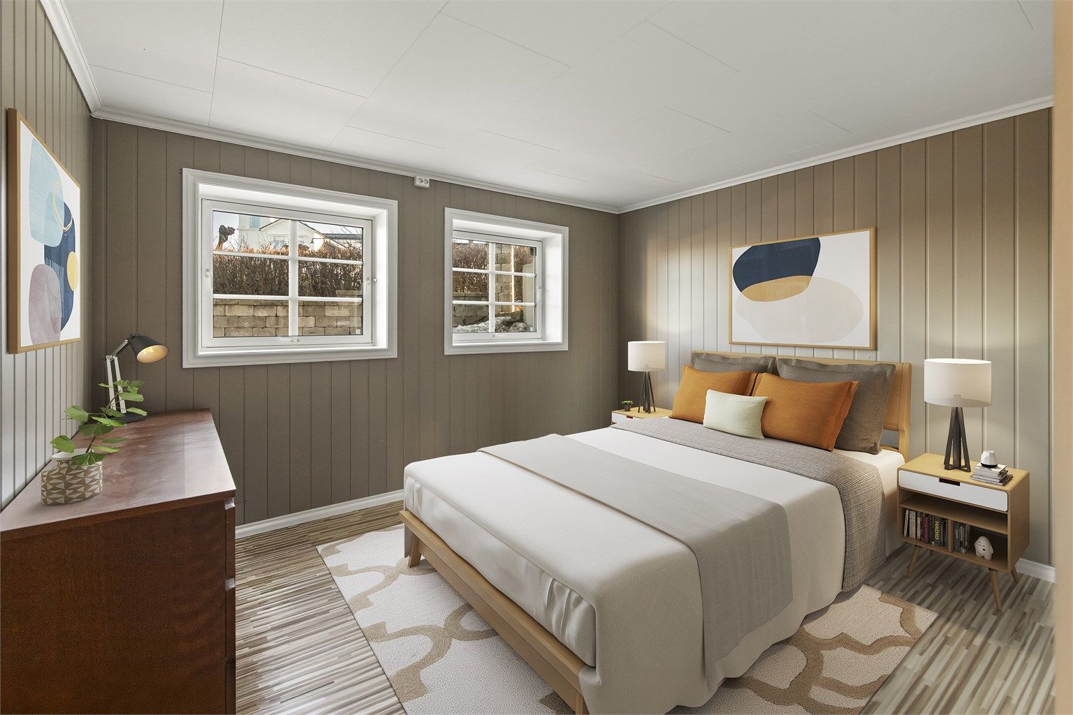 Leiligheten i underetasjen/kjeller er innredet med totalt to soverom (hvorav kun ett er godkjent). Digitalt stylet.