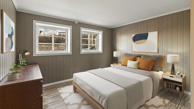 Leiligheten i underetasjen/kjeller er innredet med totalt to soverom (hvorav kun ett er godkjent). Digitalt stylet.