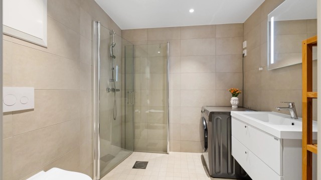 Her er det dusjnisje med innfellbare glassdører, vegghengt toalett og opplegg for vaskemaskin.