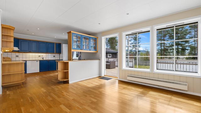 Rommet oppleves lyst og usjenert, med store vinduer.