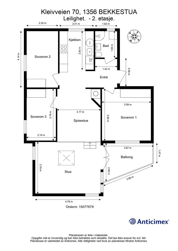 Plantegningen viser en arealeffektiv planløsning med tre soverom, bad og åpen stue- og kjøkkenløsning.