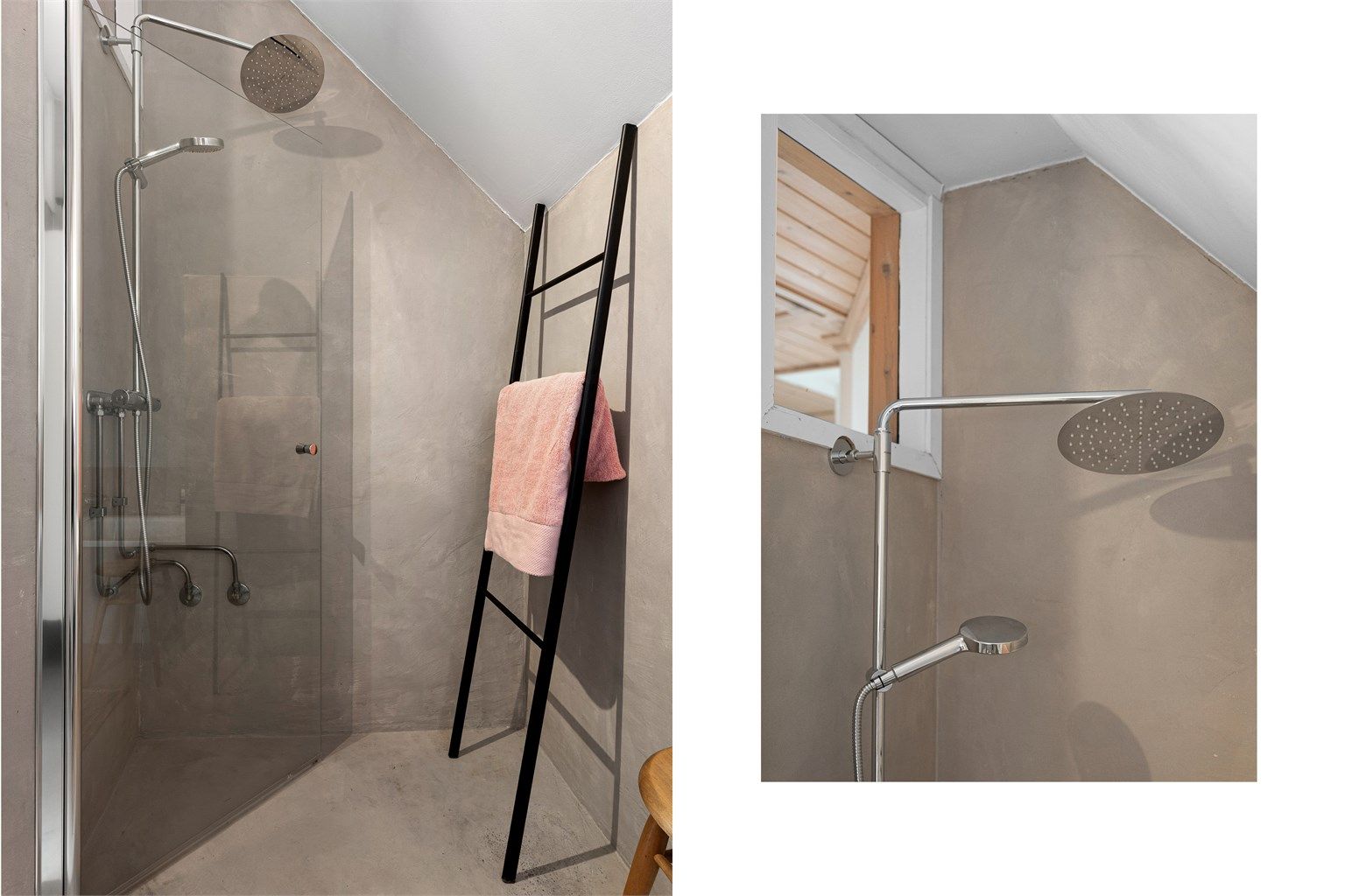 Dusjhjørne med svingbar glassdør og regnfallsdusj.