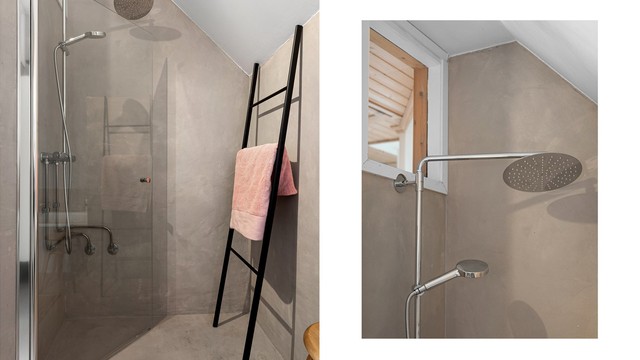 Dusjhjørne med svingbar glassdør og regnfallsdusj.