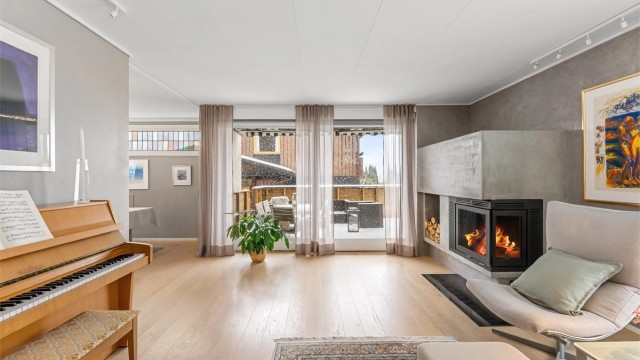Den store peisovnen med glassdør er et sentralt element i stuen.