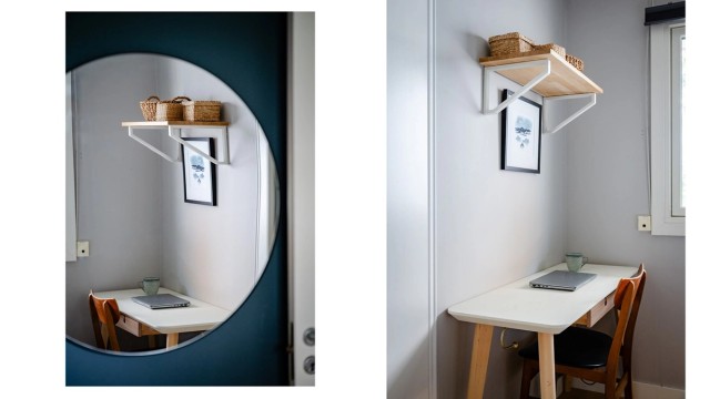 Rommet har plass til både seng og en liten arbeidsplass.