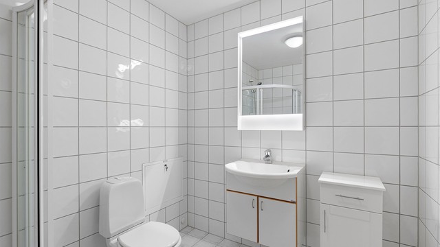 Badet er innredet med dusjhjørne, vegghengt servant med speil