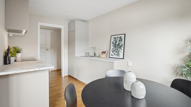 Kjøkkenet er nytt, med moderne innredning.