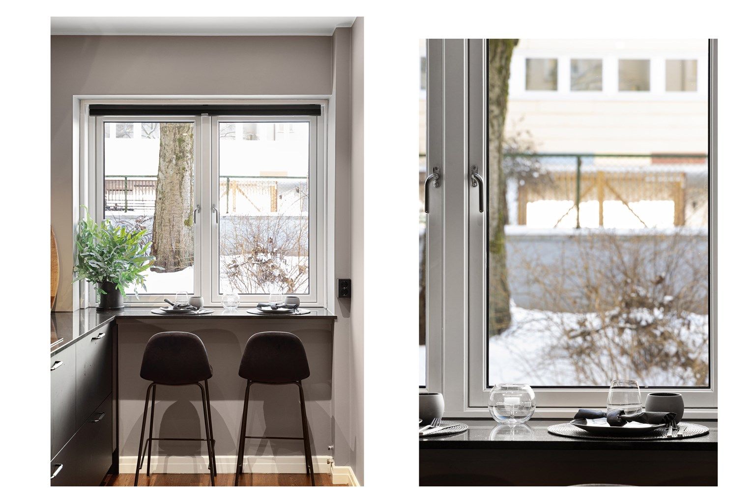 Praktisk barløsning ved vinduet for en rask frokost eller en hyggelig kaffekopp.