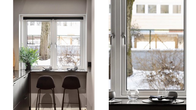 Praktisk barløsning ved vinduet for en rask frokost eller en hyggelig kaffekopp.