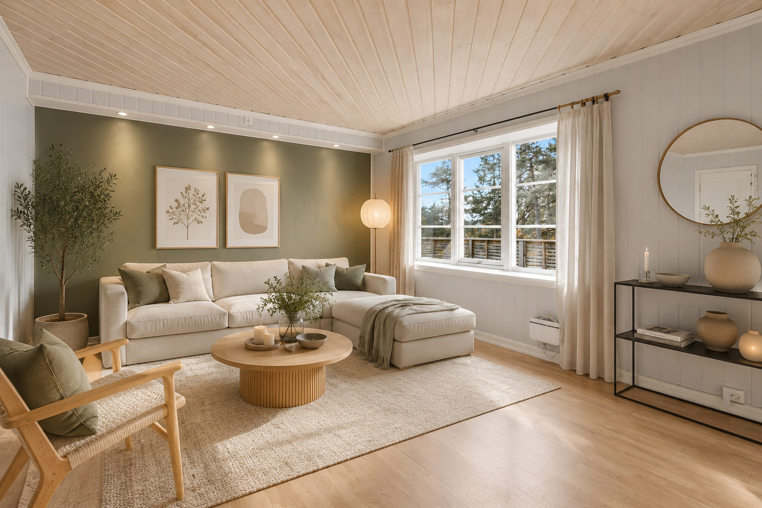 Hyggelig stue med god plass til sofagruppe. Bildet er møblert av AI.