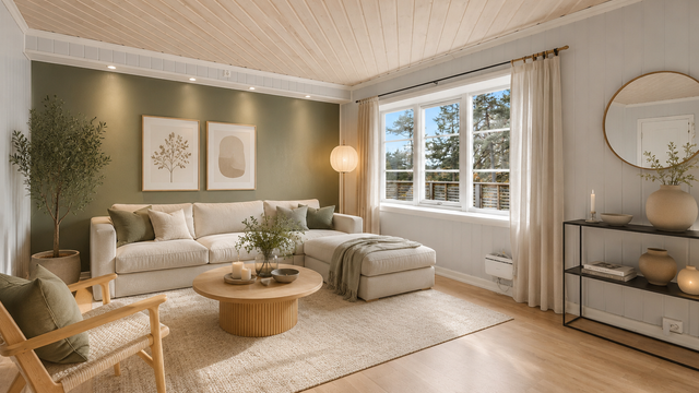 Hyggelig stue med god plass til sofagruppe. Bildet er møblert av AI.