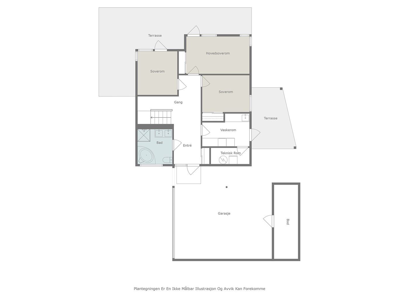 Plantegningen for 1. etasje viser en praktisk planløsning med tre soverom, bad og vaskerom.
