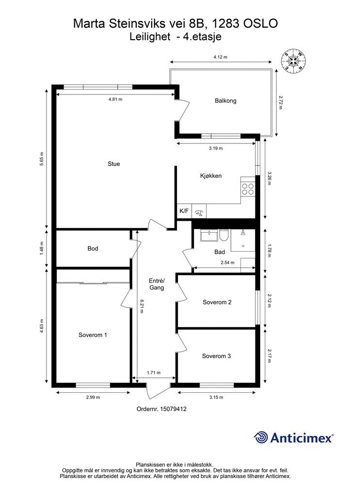 Leiligheten har en meget god planløsning som omfatter stue/spisestue, kjøkken, tre soverom, bad og en bod. 