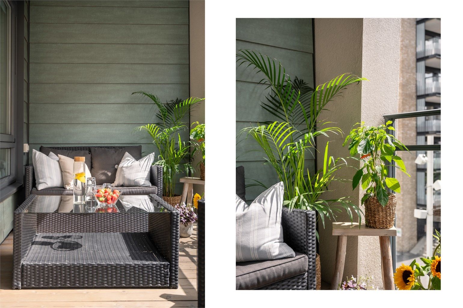 Stikkontakt og utebelysning. Balkongen er belagt med terrassebord i tre.