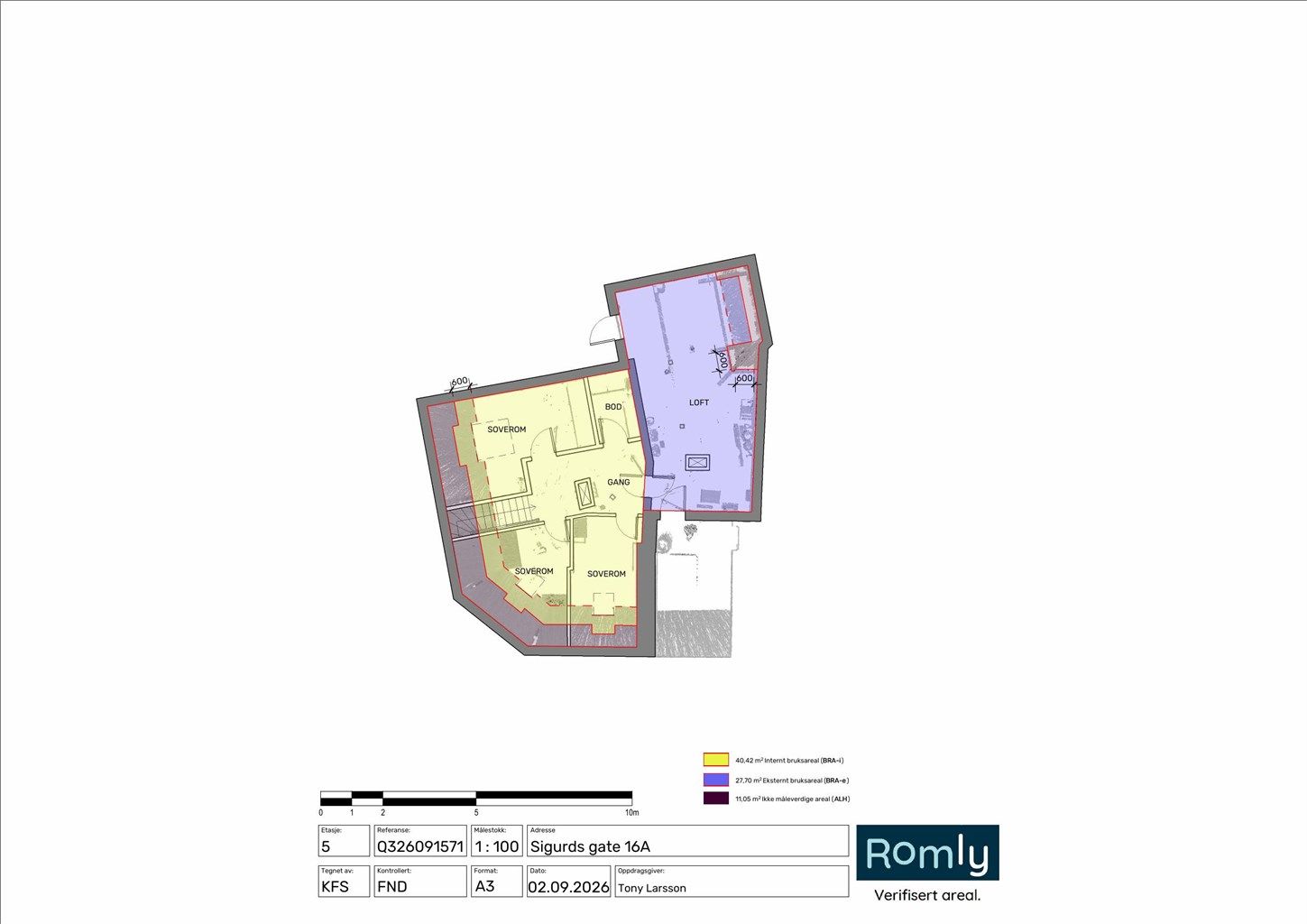 Plantegning av 5. etasje. Det blå arealet har rammetillatelse og godkjente byggetegninger. Se vedlagte dokumenter.