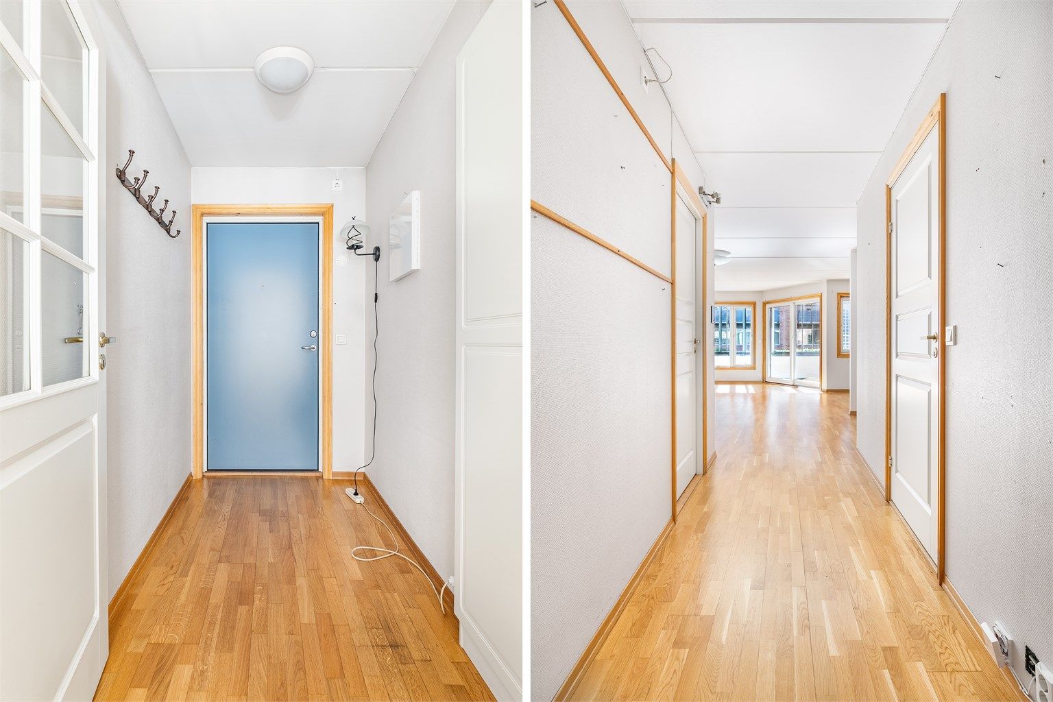 Leiligheten har adkomst til egen ytterdør. Entreen kan lukkes av mot gangen for å hindre kjøligere luft fra å strømme videre inn i leiligheten.