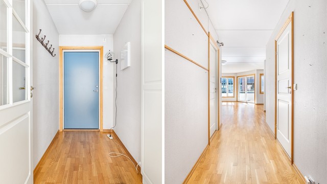 Leiligheten har adkomst til egen ytterdør. Entreen kan lukkes av mot gangen for å hindre kjøligere luft fra å strømme videre inn i leiligheten.