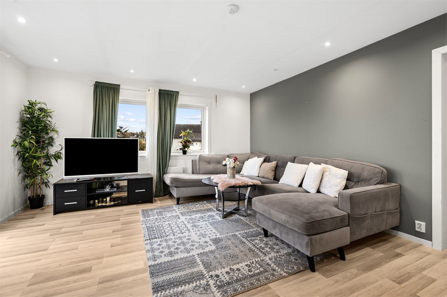 Romslig stue med en lys og luftig romfølelse. 