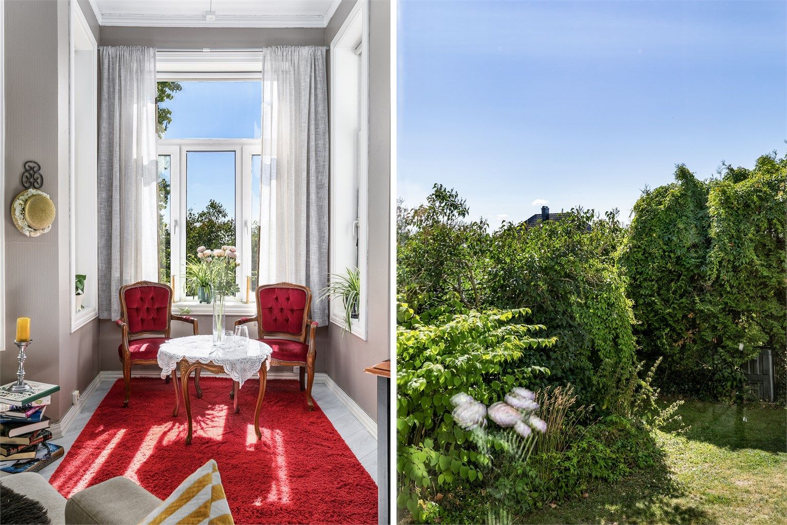 Gjennom de høyreiste flerfags-vinduene strømmer det mye naturlig lys inn til stuen.