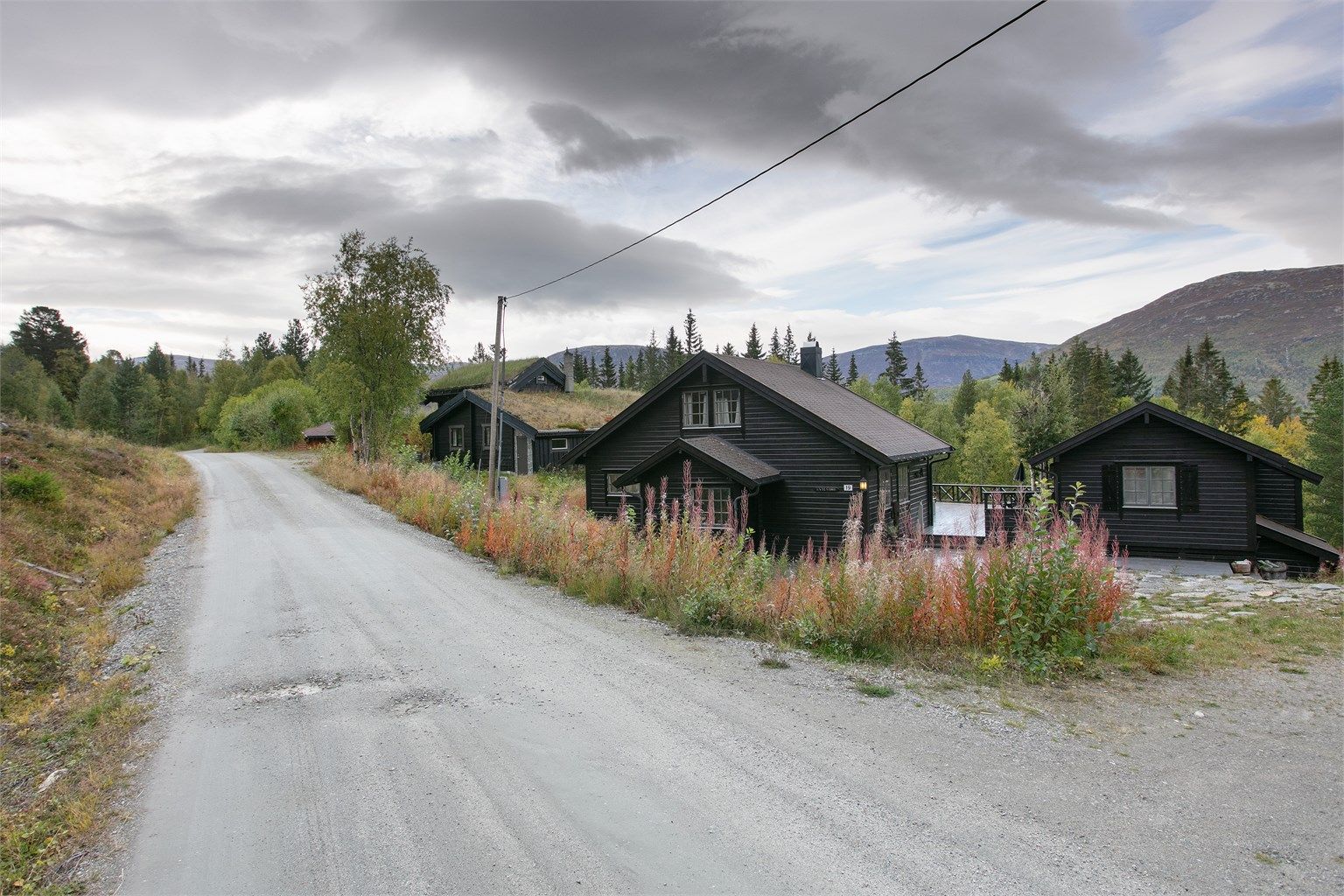 Adkomstvei inn til eiendommen i etablert hytteområde i Kongelberget.