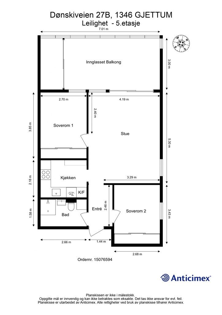 Leiligheten er en gjennomgående endeleilighet på 58 m² med en arealeffektiv planløsning som skiller soverommene fra de sosiale sonene.