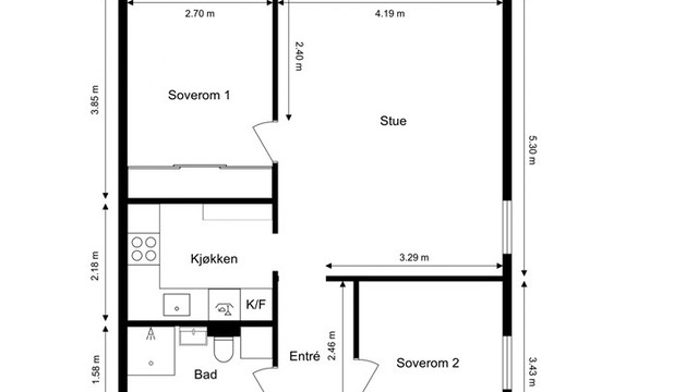 Leiligheten er en gjennomgående endeleilighet på 58 m² med en arealeffektiv planløsning som skiller soverommene fra de sosiale sonene.
