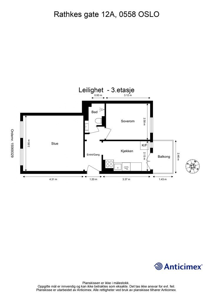 Plantegning. Entré/gang, stue, kjøkken, soverom og bad. I tillegg disponeres kjellerbod og loftsbod.