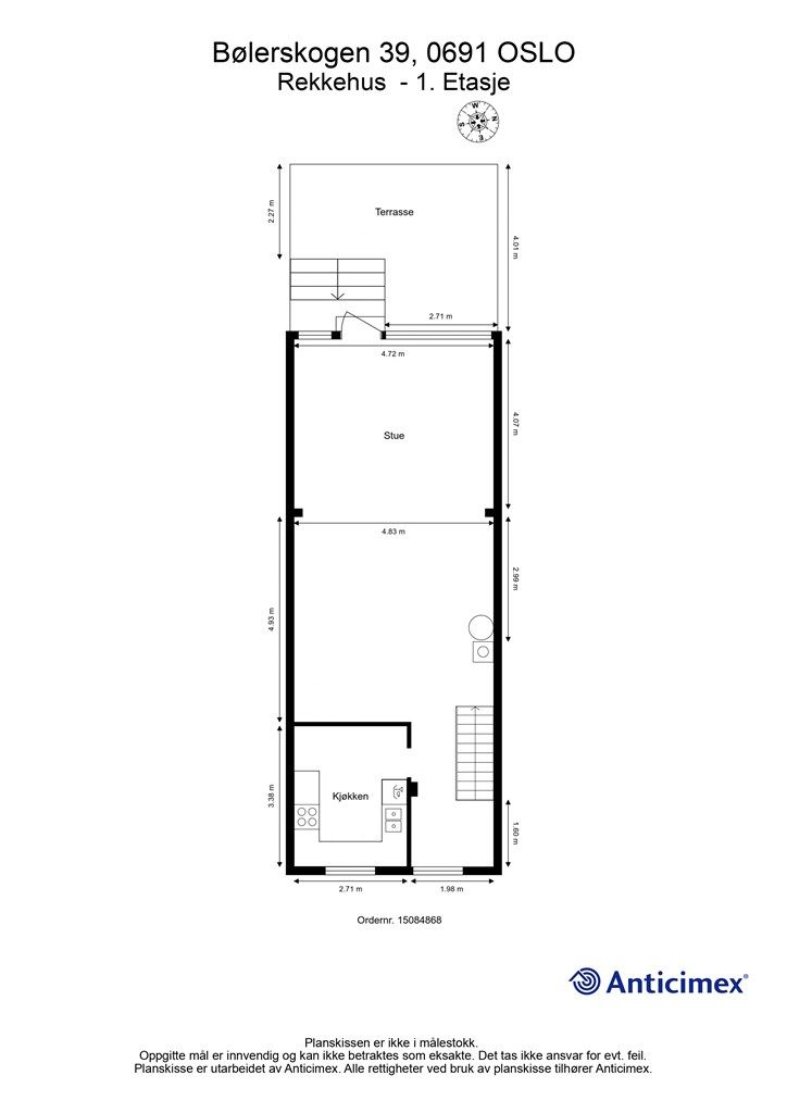 Første etasje er etasjen for samvær, med stue, kjøkken og utgang til terrasse på 16 m².