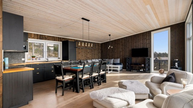 ALT I ETT: Allrommet i hytta inkluderer plass for matlaging, spising og avslapping. Et effektivt, lyst og trivelig rom med deilig takhøyde.