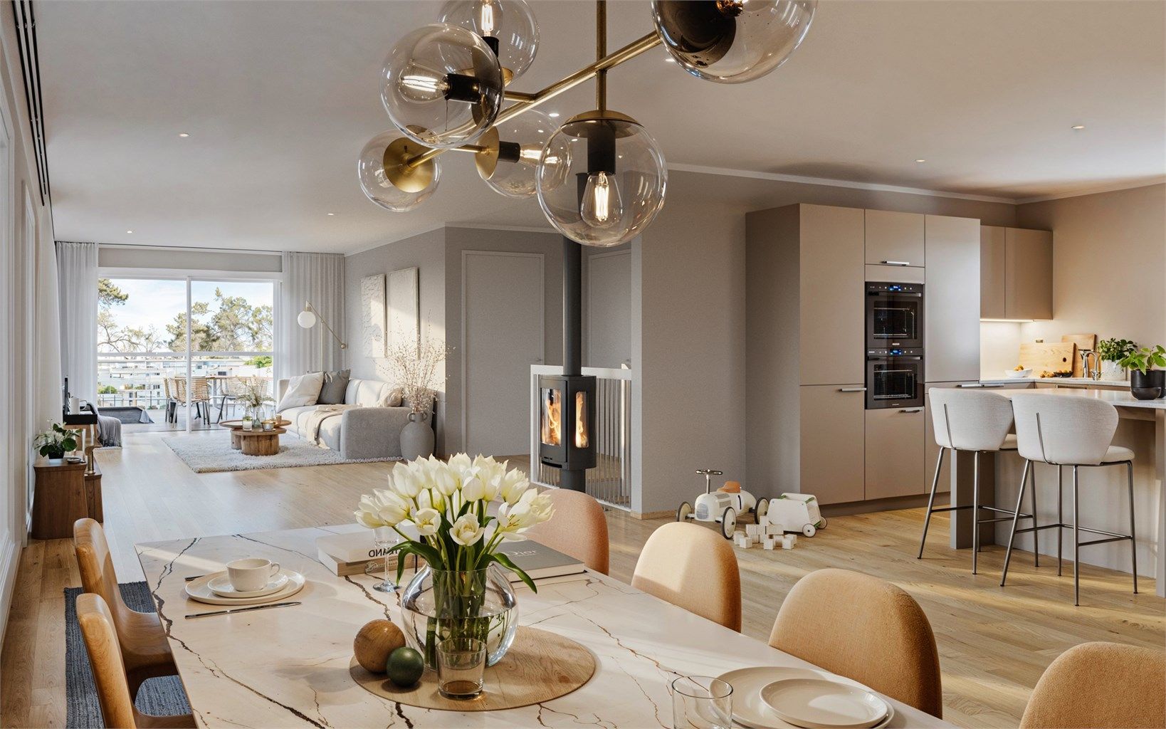 2. etasje med stue og kjøkken i delvis åpen løsning. Det blir flotte farge- og materialvalg i hele boligen.  Illustrasjonsbilde og avvik vil forekomme. 