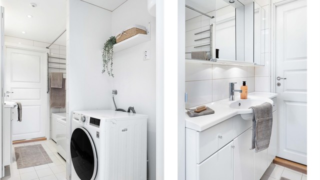 - Badet har god skapplass og opplegg for vaskemaskin -