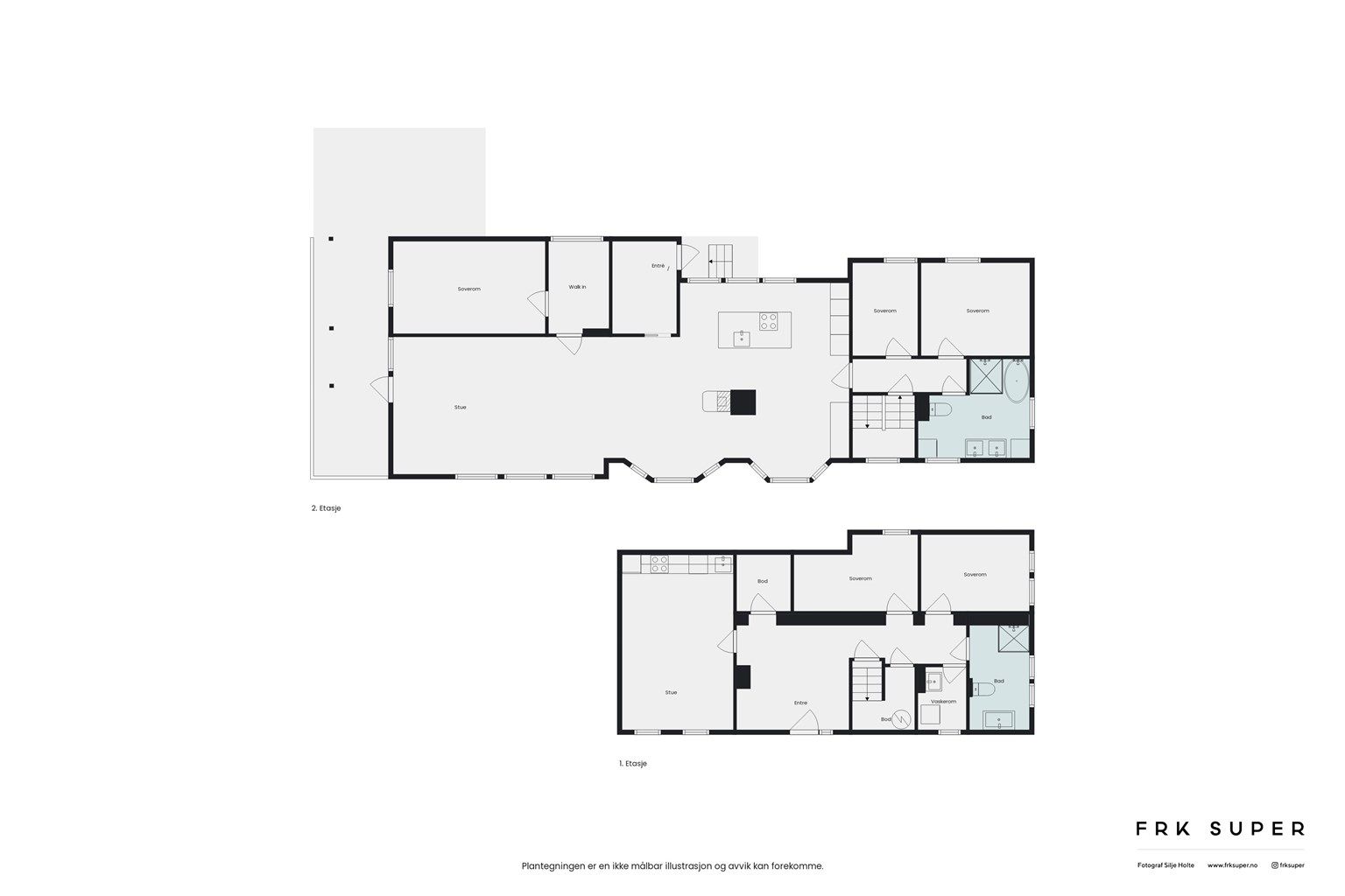 Plantegning av begge etasjene - totalt sett har boligen et moderne og tiltalende uttrykk med gjennomgående fine kvaliteter.