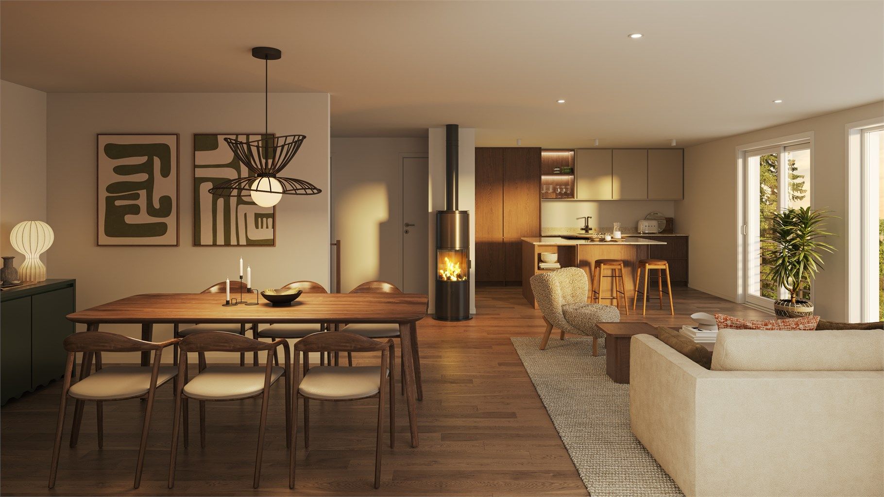 Flere rom får vannbåren gulvvarme, stuen og kjøkkenet inkludert. Kjøkken leveres av HTH, med Electrolux og Røroshetta hvitevarer.