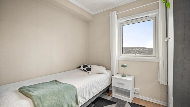 Innvendige overflater i leiligheten: Laminat på gulv. Malte vegger. Panel i himling.