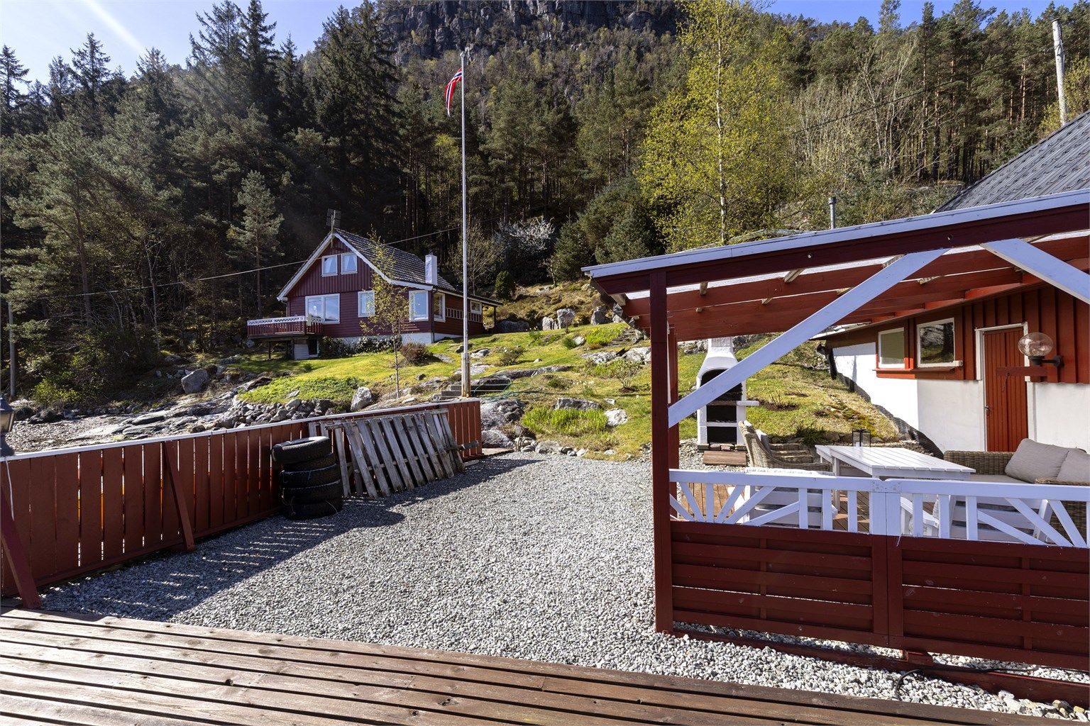 Utsikt fra bryggen mot hovedhytta og det omkringliggende terrenget.