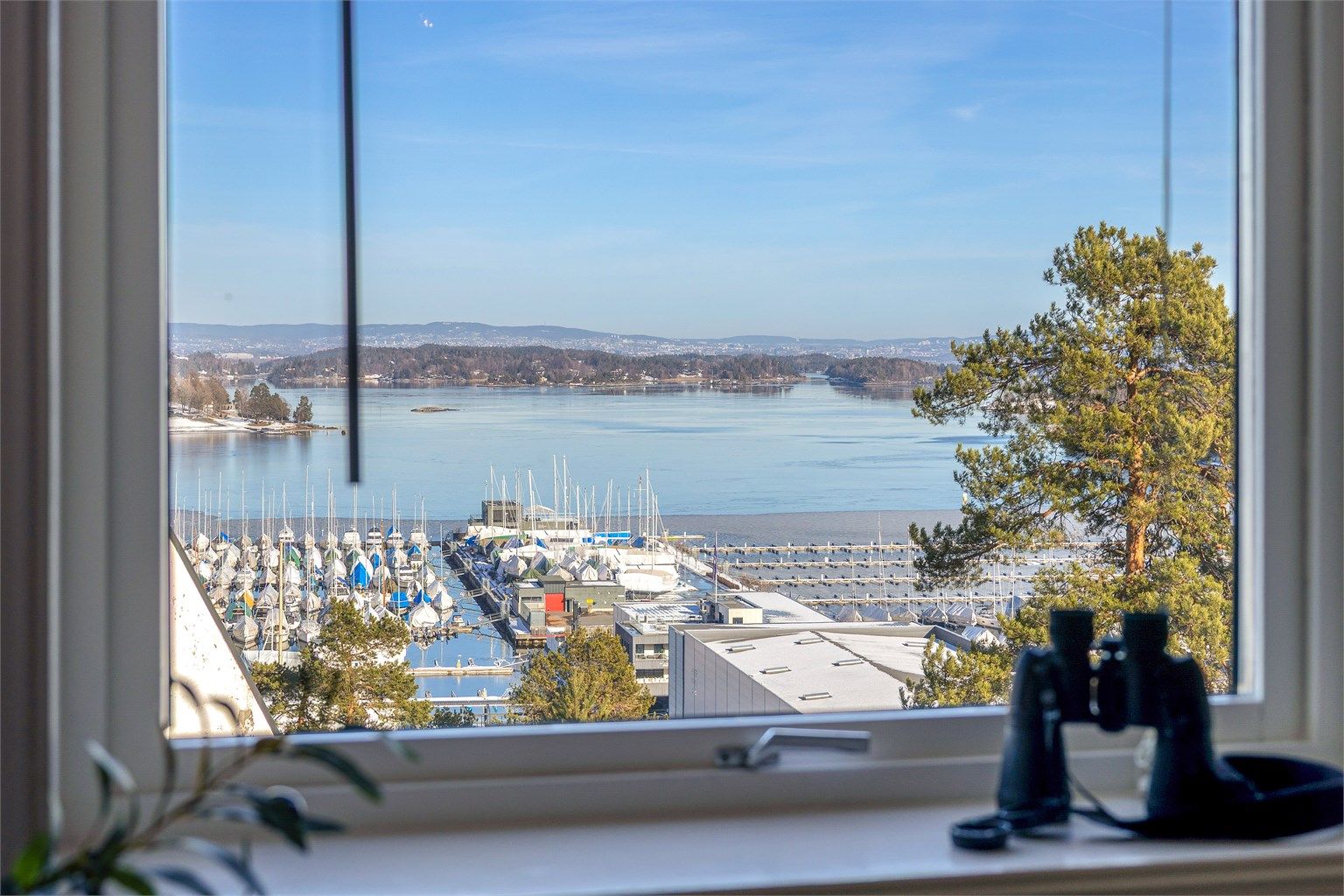 Utsikt over fjorden og båthavnen fra spisestuen.
