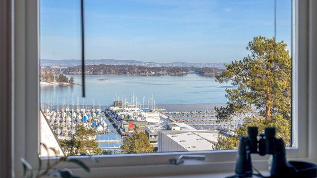 Utsikt over fjorden og båthavnen fra spisestuen.