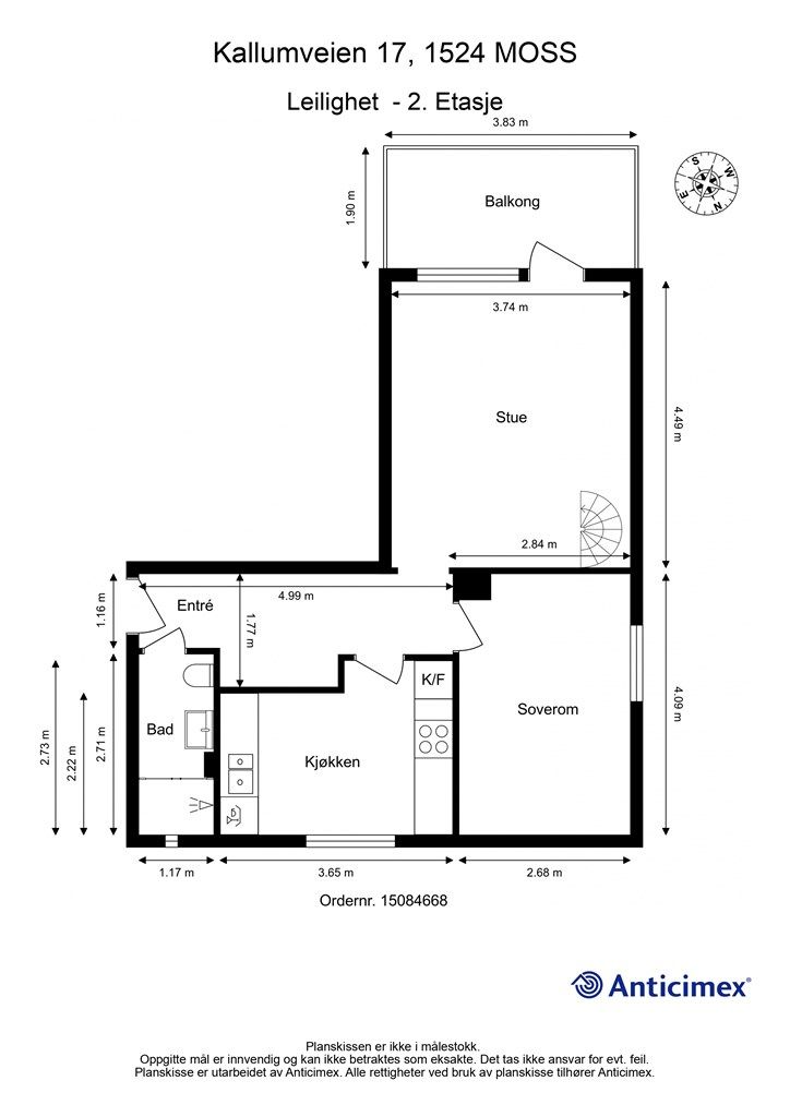 Leilighetens hovedplan inneholder stue, kjøkken, bad, entré og ett soverom.