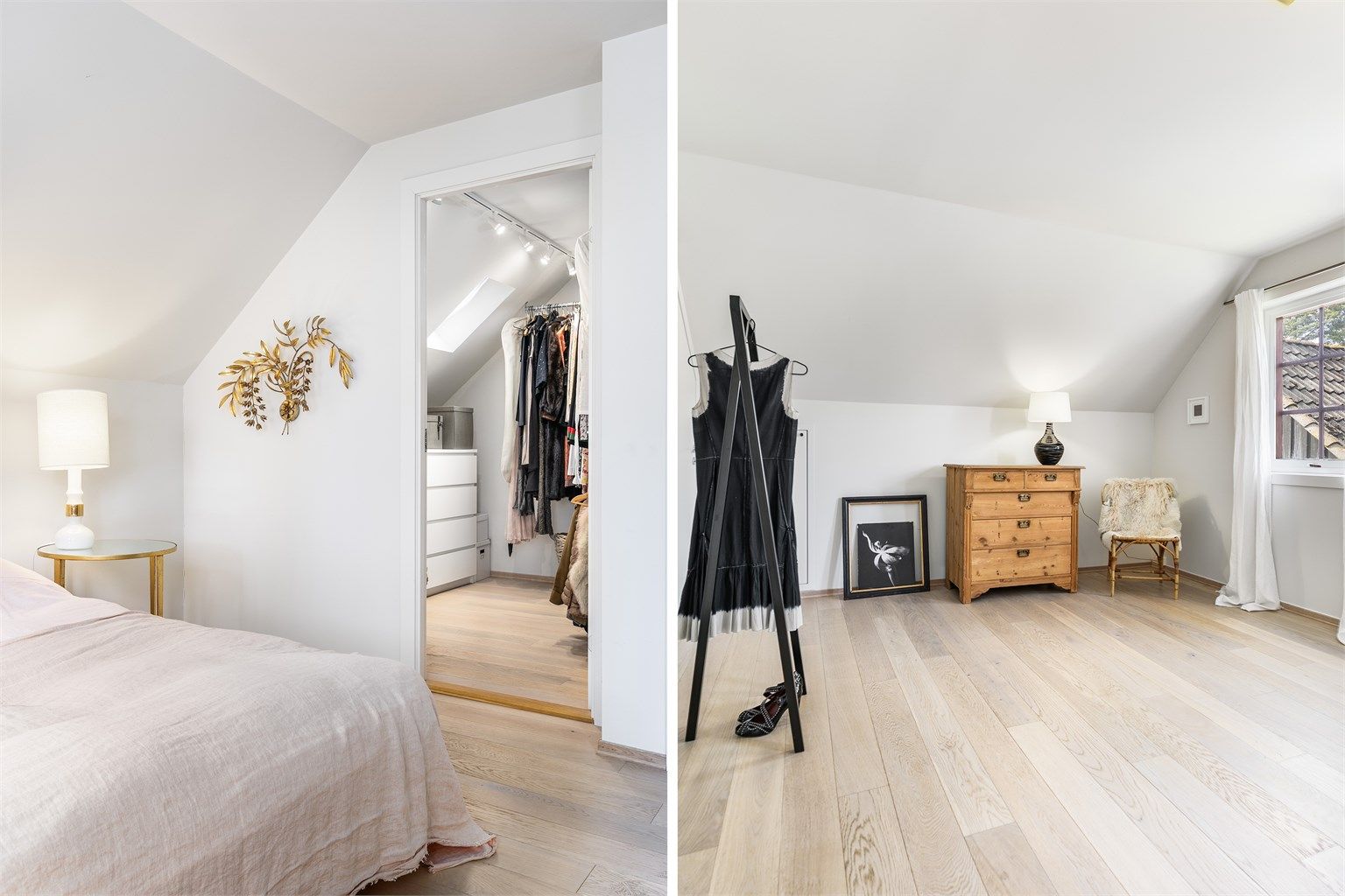 Klær oppbevares organisert og lett tilgjengelig i hovedsovedsoverommets walk-in closet.