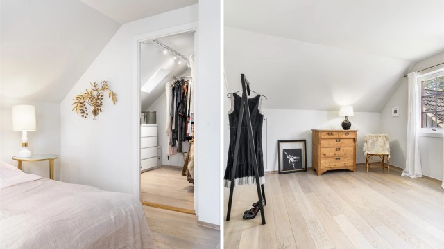 Klær oppbevares organisert og lett tilgjengelig i hovedsovedsoverommets walk-in closet.